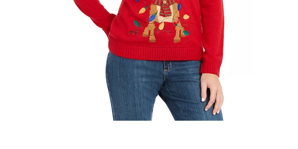 Karen Scott Suéter Feminino Rena Emaranhada com Lantejoulas Vermelho Brilhante Tamanho Grande