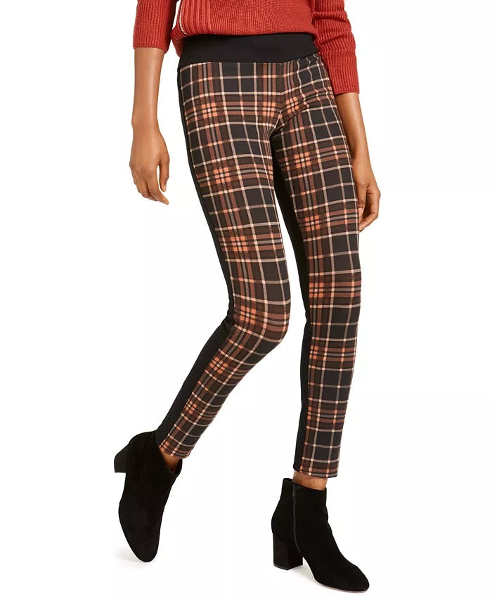 Calça skinny feminina com frente xadrez da INC International Concepts, preta, tamanho 2