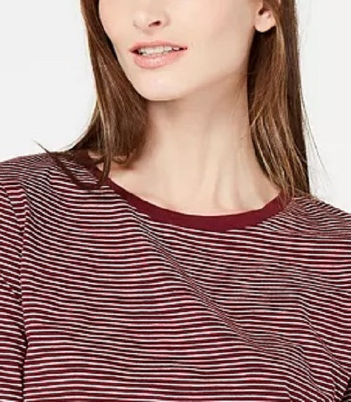 Camisa listrada feminina Maison Jules com manga 3/4, vinho, tamanho médio