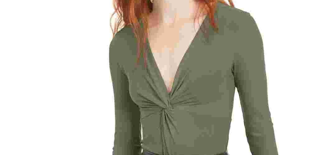 Body feminino Bar III com manga comprida e decote em V, verde, tamanho extrapequeno