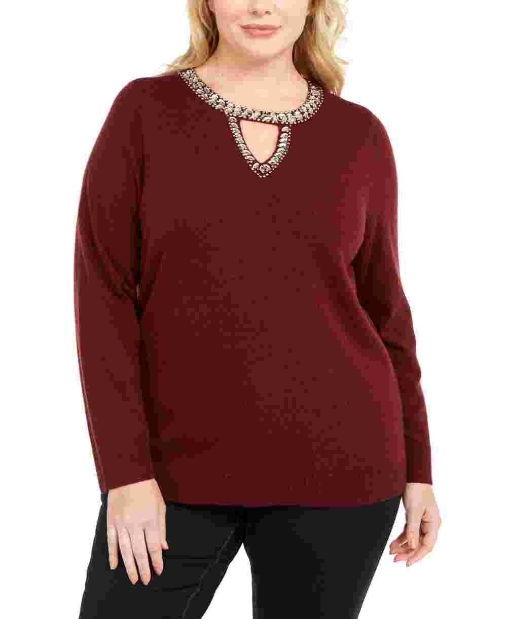 Suéter feminino plus size com decote em V da INC International Concepts, vermelho, tamanho 0X