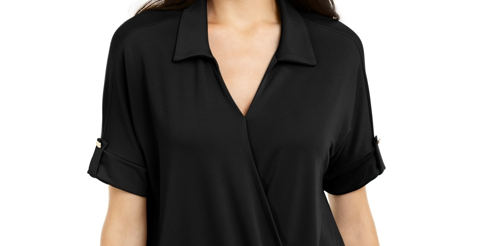 Blusa de malha com gola Alfani feminina, preta, tamanho pequeno médio