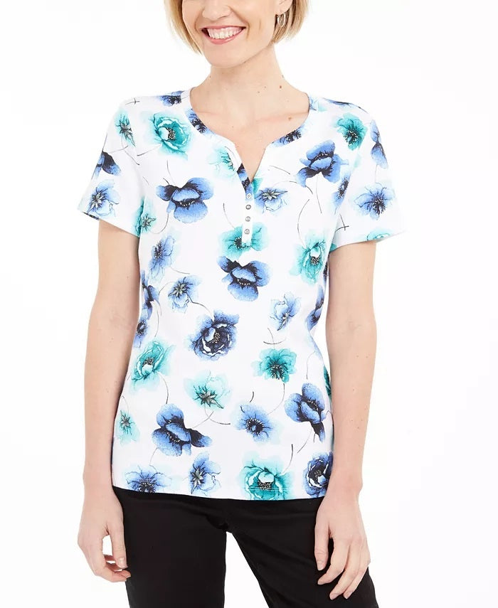Karen Scott Top Henley Estampado Feminino Branco Tamanho Médio