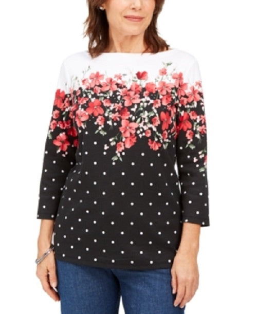Blusa feminina Karen Scott Emily com estampa de gola canoa, preta, tamanho médio