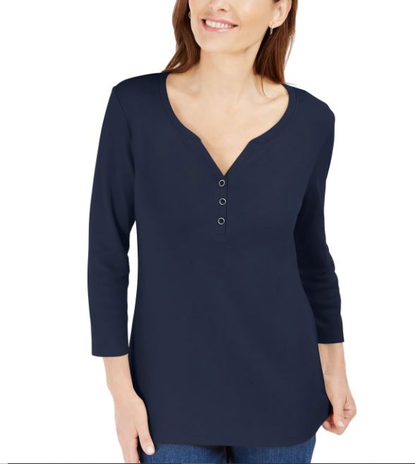 Camisa Henley Manga 3/4 Feminina Karen Scott Azul Tamanho P