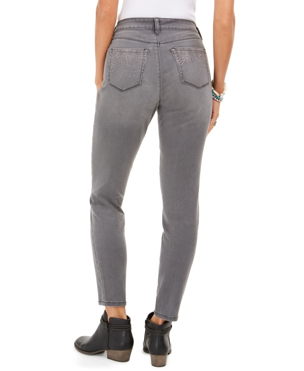 Jeans feminino estilo curvilíneo skinny com bolso brilhante, tamanho 14, carvão