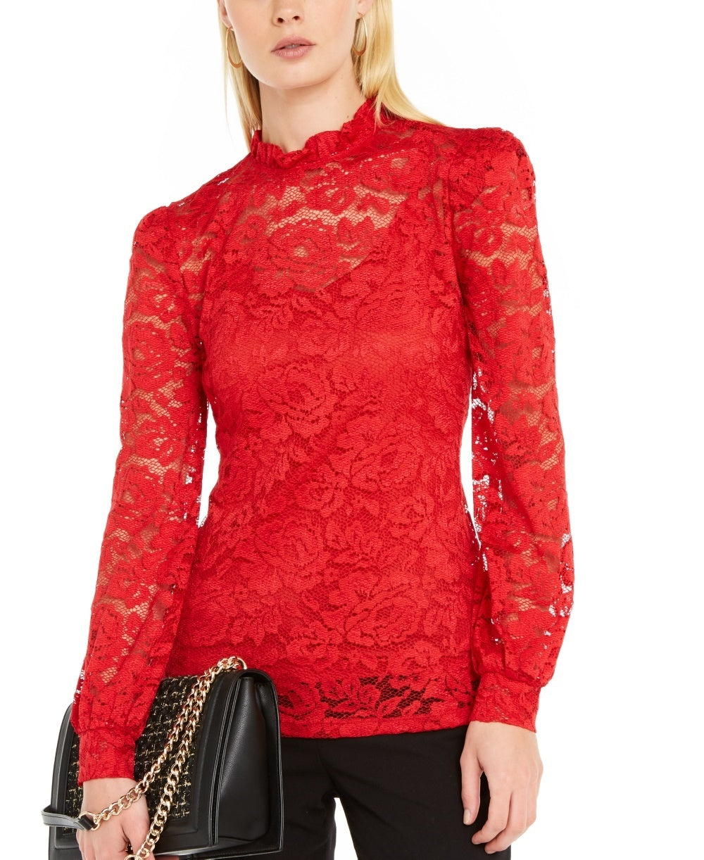 Blusa feminina de renda manga longa, tamanho médio, vermelha, INC International Concepts