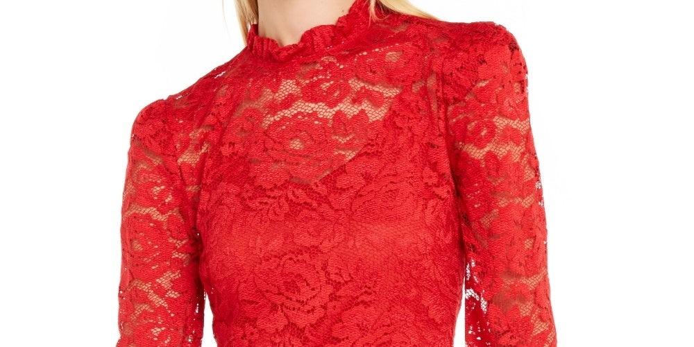 Blusa feminina de renda manga longa, tamanho médio, vermelha, INC International Concepts