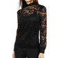 INC International Concepts Top feminino de renda com decote redondo e manga curta, preto, tamanho pequeno grande