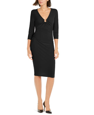Vestido midi franzido com ferragens de anel feminino INC International Concepts, preto, tamanho grande