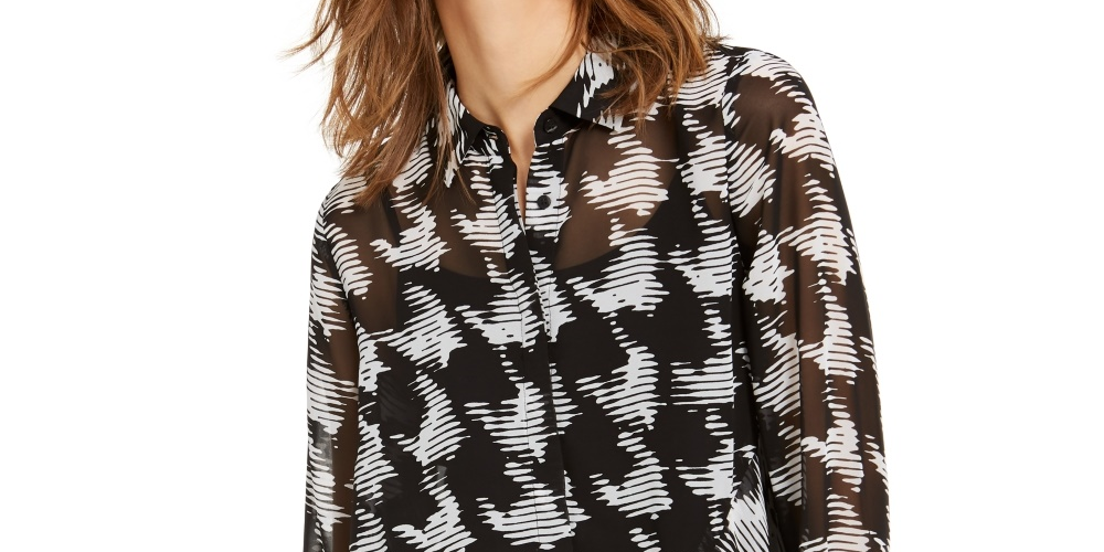 Camisa feminina pied-de-poule da INC International Concepts, preta, tamanho X-S