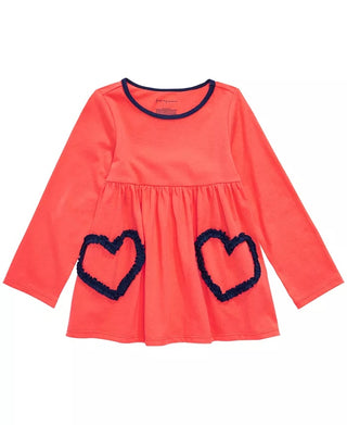 Túnica infantil de algodão com manga comprida e estampa de coração First Impressions para meninas, tamanho 3T, laranja