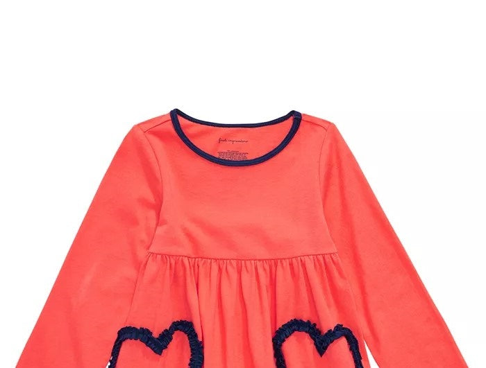 Túnica infantil de algodão com manga comprida e estampa de coração First Impressions para meninas, tamanho 3T, laranja