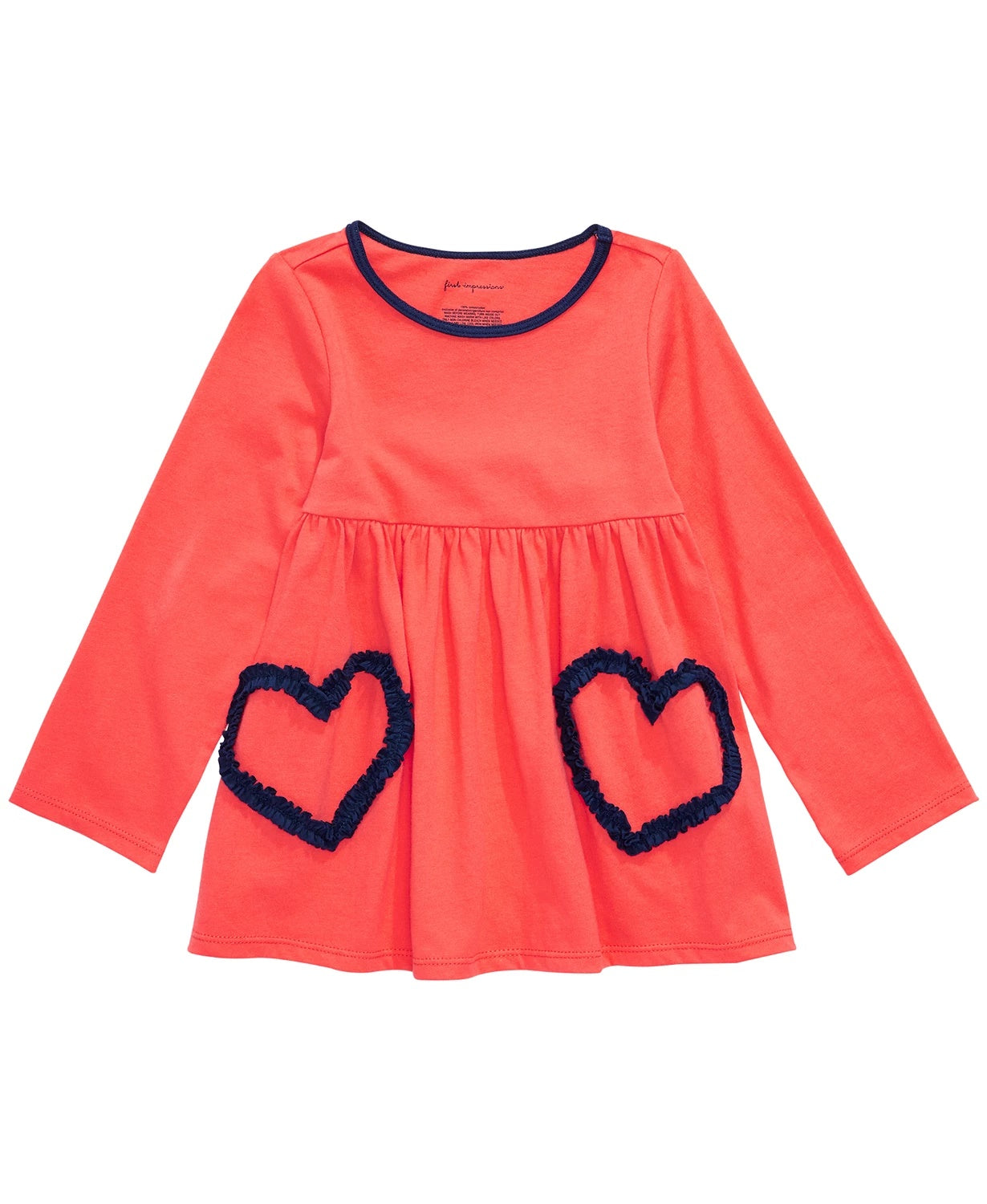 Túnica infantil de algodão com manga comprida e estampa de coração First Impressions para meninas, tamanho 4T, laranja