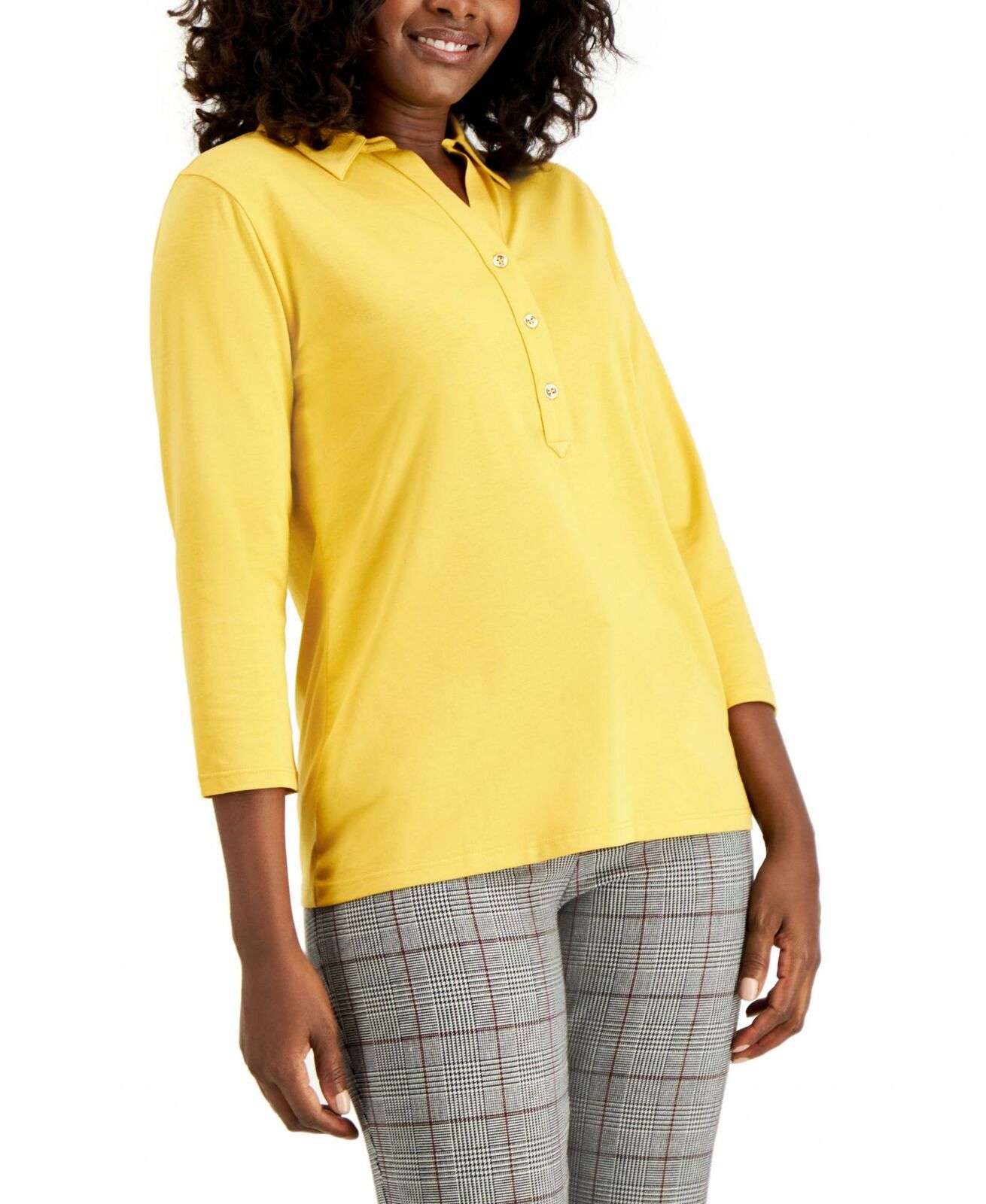 Camisa polo feminina Charter Club Supima Cotton manga 3/4 amarela tamanho extragrande