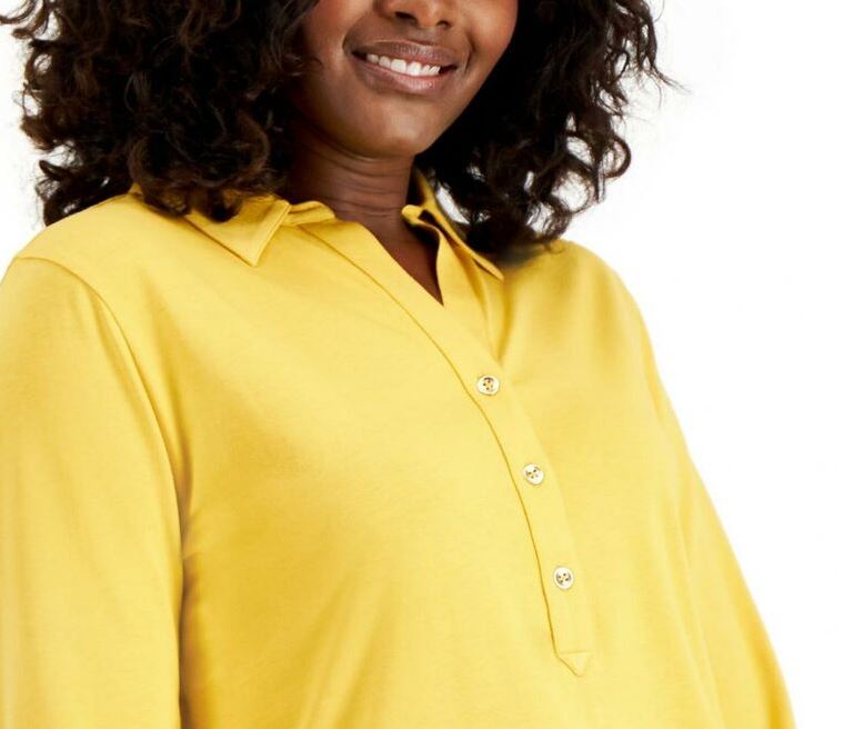 Camisa polo feminina Charter Club Supima Cotton manga 3/4 amarela tamanho extragrande