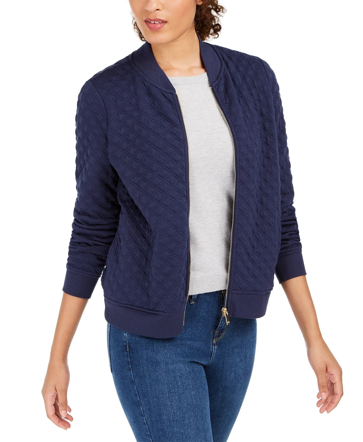 Jaqueta bomber feminina de malha texturizada Charter Club, azul, tamanho X-S