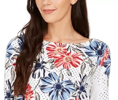 Charter Club Blusa feminina com estampa floral de bolinhas, branca, tamanho XX-G