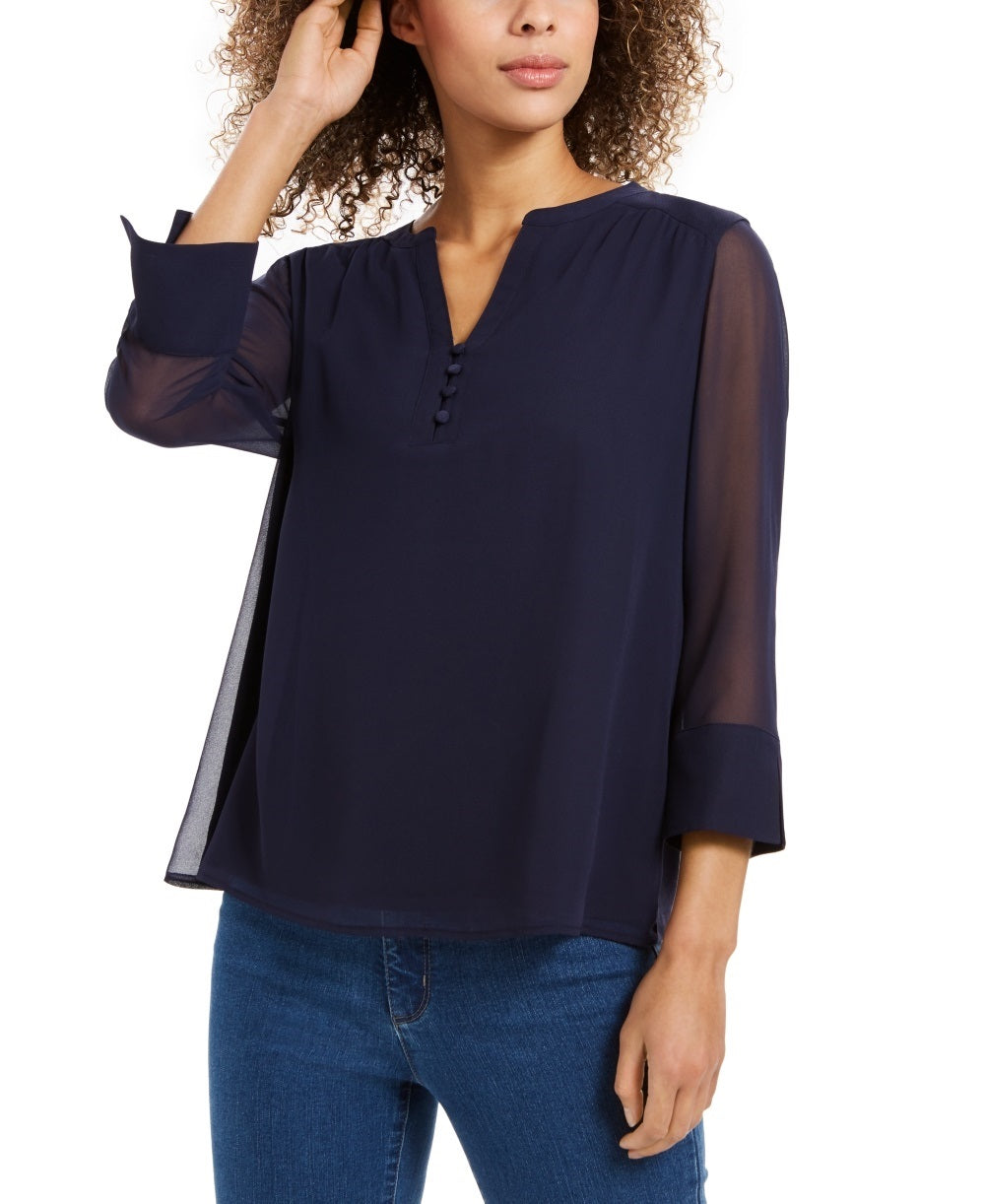Blusa feminina Charter Club com manga transparente, azul, tamanho X-S
