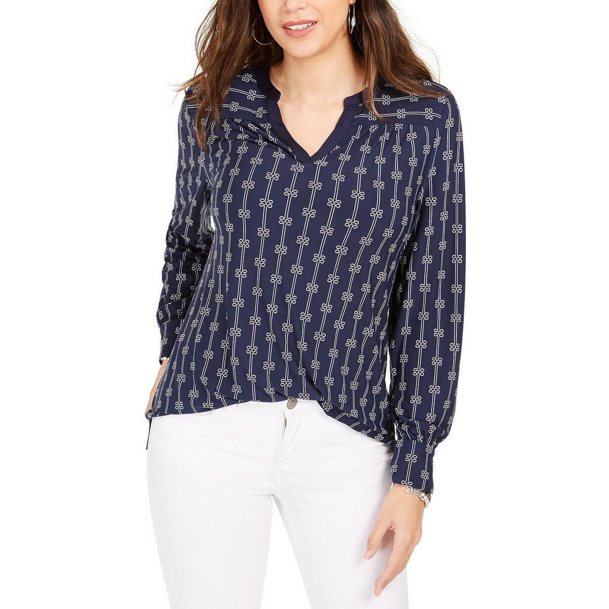 Top feminino estampado com decote dividido, azul, tamanho extrapequeno, Charter Club