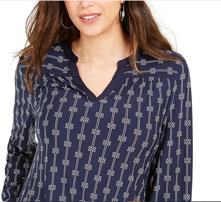 Top feminino estampado com decote dividido, azul, tamanho extrapequeno, Charter Club