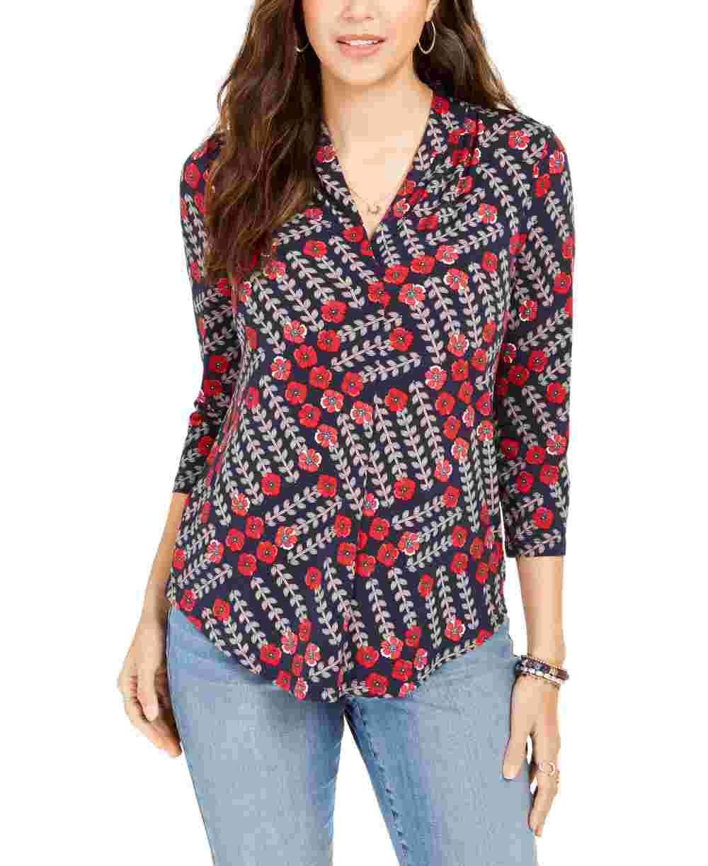 Top feminino estampado com decote em V Charter Club, azul, tamanho pequeno