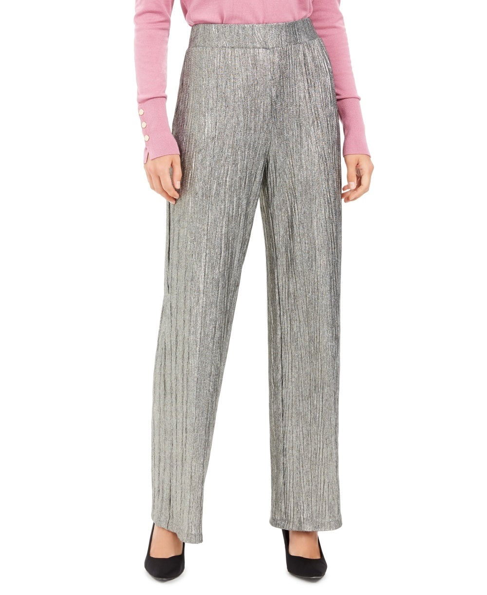 Calça feminina amassada metálica JM Collection, amarela, tamanho médio