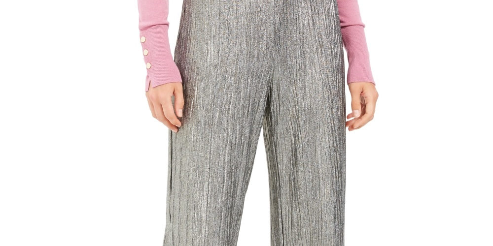 Calça feminina amassada metálica JM Collection, amarela, tamanho médio