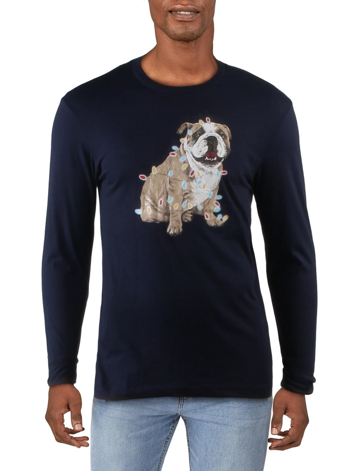 Camiseta masculina com estampa de buldogue natalino e estampa de natal, tamanho grande, azul marinho, Club Room