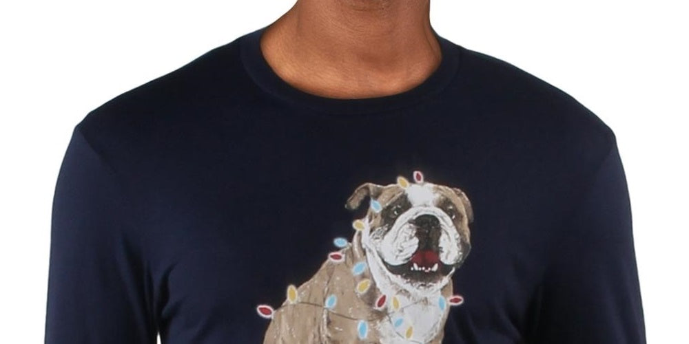 Camiseta masculina com estampa de buldogue natalino e estampa de natal, tamanho grande, azul marinho, Club Room