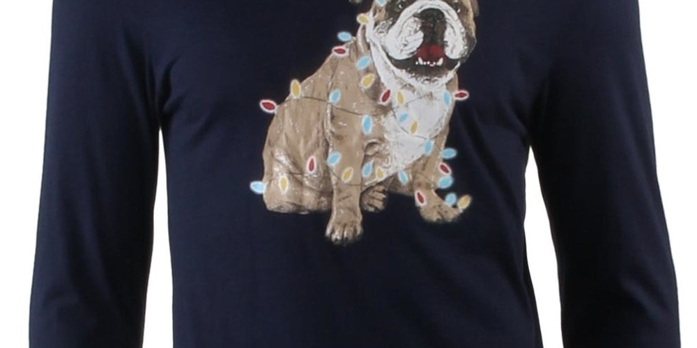 Camiseta masculina com estampa de buldogue natalino e estampa de natal, tamanho grande, azul marinho, Club Room
