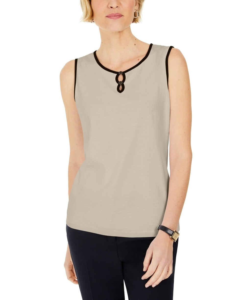Regata feminina Karen Scott com decote em V e fenda, bege, tamanho P