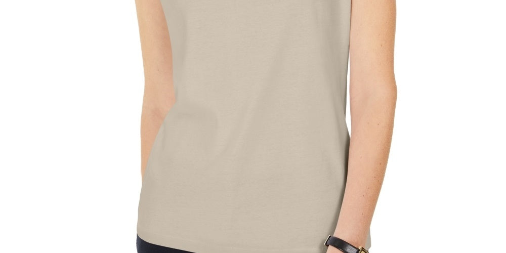 Regata feminina Karen Scott com decote em V e fenda, bege, tamanho P