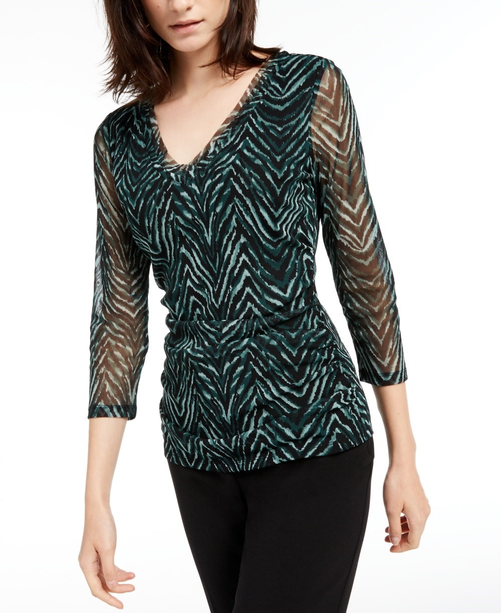 INC International Concepts Top feminino com decote em V e camada dupla, verde, tamanho pequeno médio