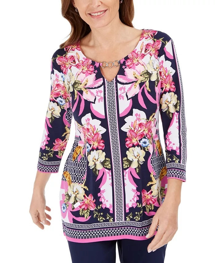 JM Collection Top Feminino com Decote em Forma de Fechadura e Detalhe Azul Marinho Tamanho Médio