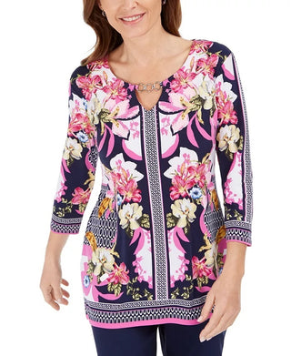 JM Collection Top Feminino com Decote em Forma de Fechadura e Detalhe Azul Marinho Tamanho Médio