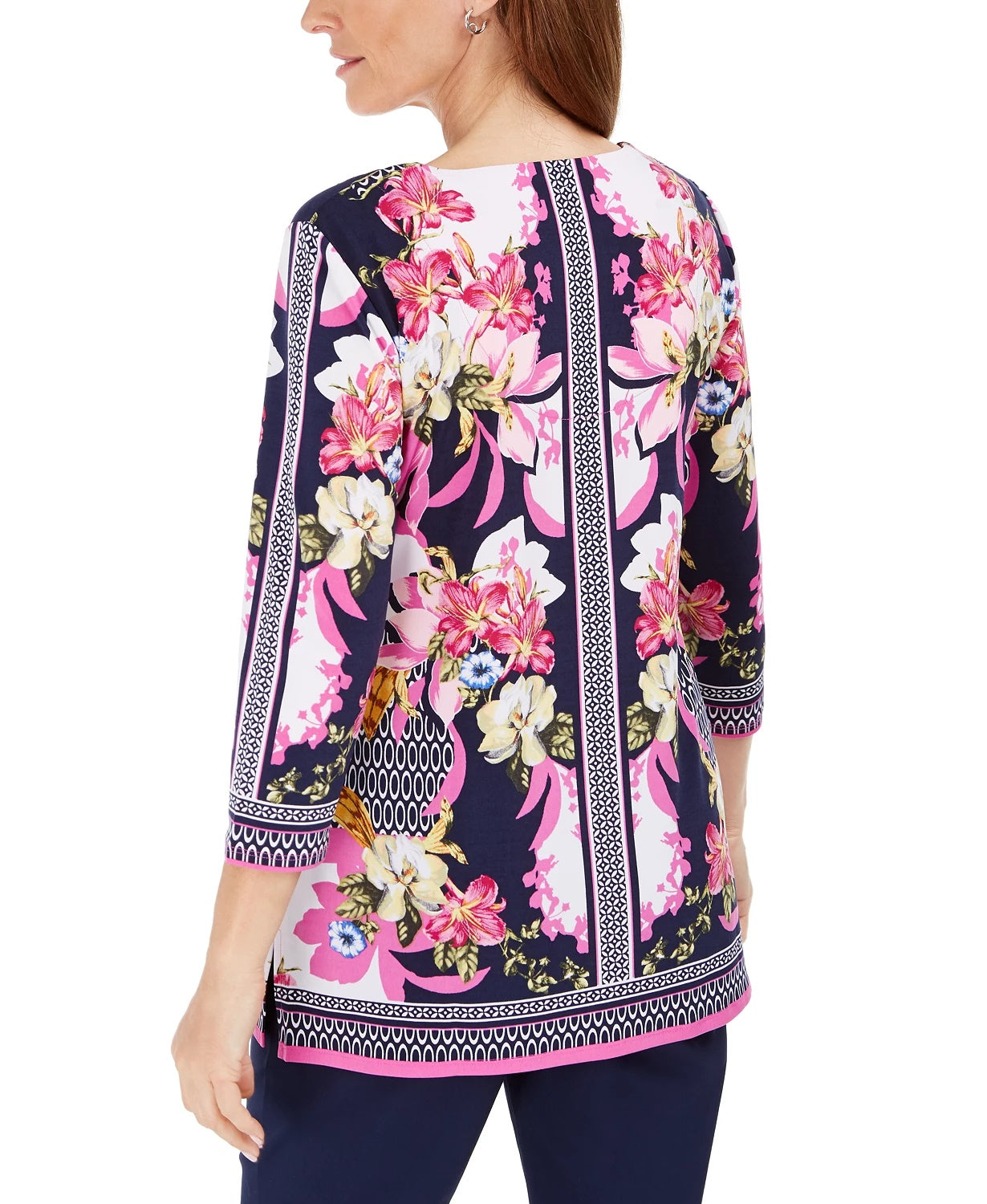 JM Collection Top Feminino com Decote em Forma de Fechadura e Detalhe Azul Marinho Tamanho Médio