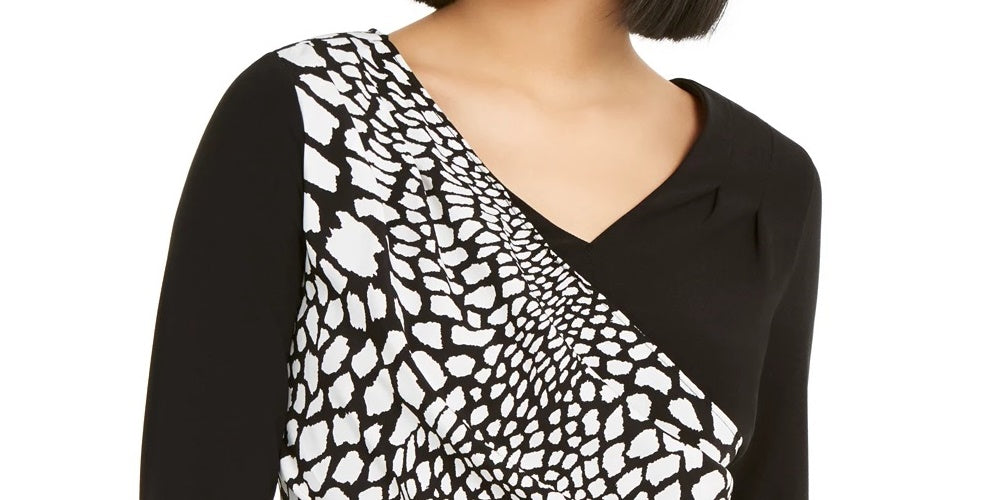 Blusa feminina Alfani estampada, manga comprida, decote em V, preta, tamanho XX-G