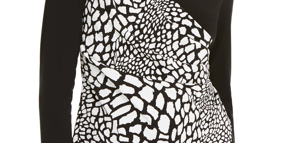 Blusa feminina Alfani estampada, manga comprida, decote em V, preta, tamanho XX-G