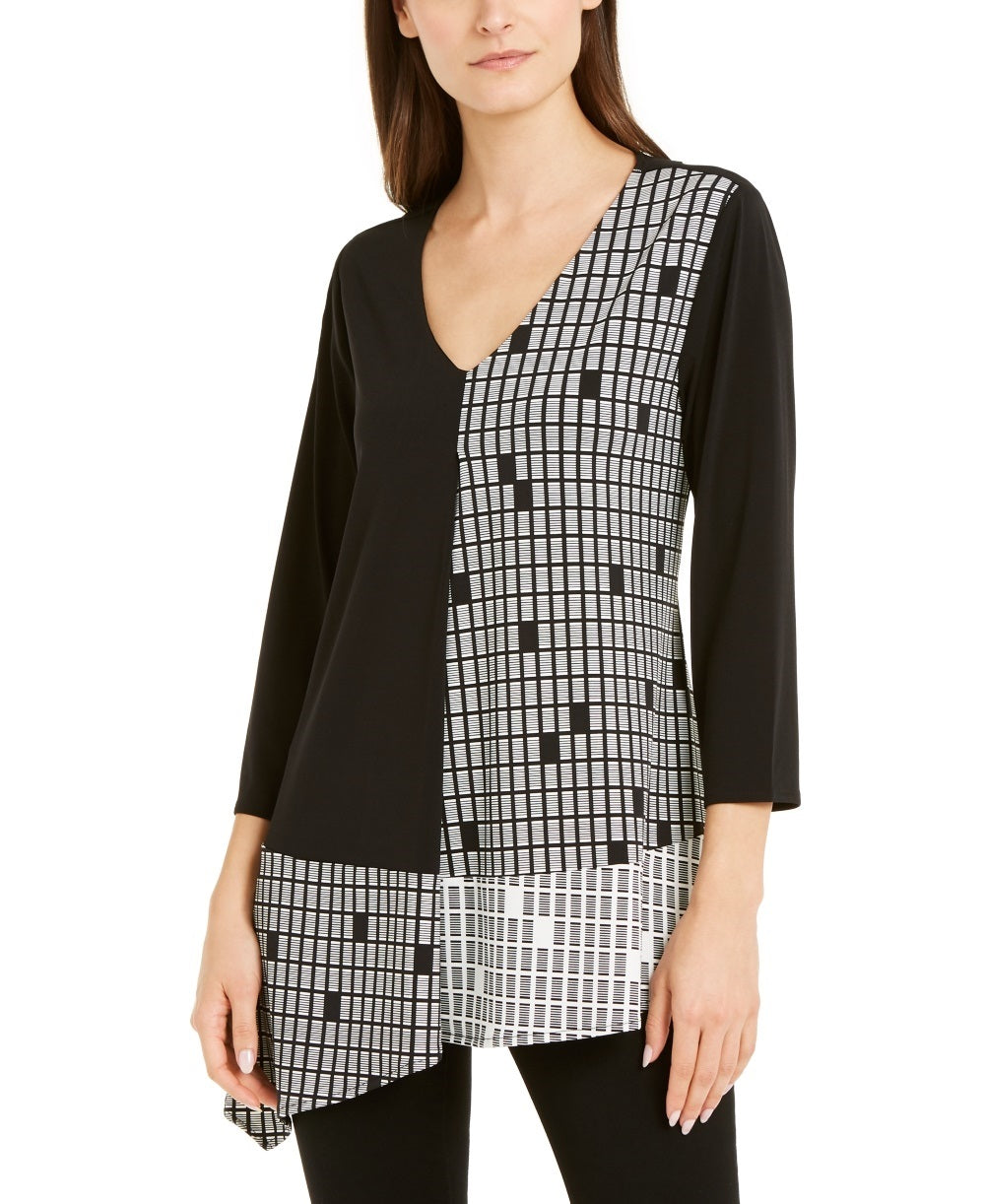 Blusa feminina Alfani com estampa mista e bainha assimétrica, preta, tamanho pequeno e pequeno