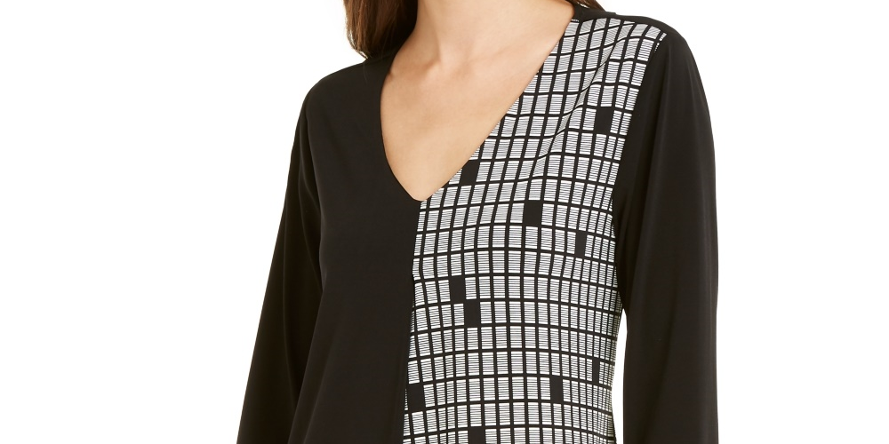 Blusa feminina Alfani com estampa mista e bainha assimétrica, preta, tamanho pequeno e pequeno