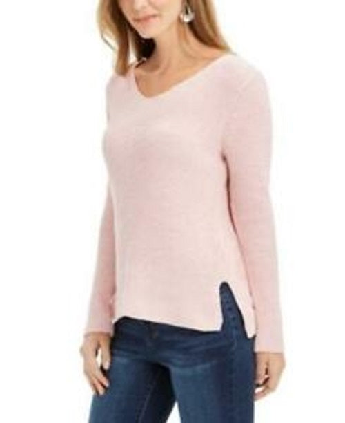 Suéter de algodão canelado com decote em V feminino Style &amp; Co, rosa, tamanho XX-G