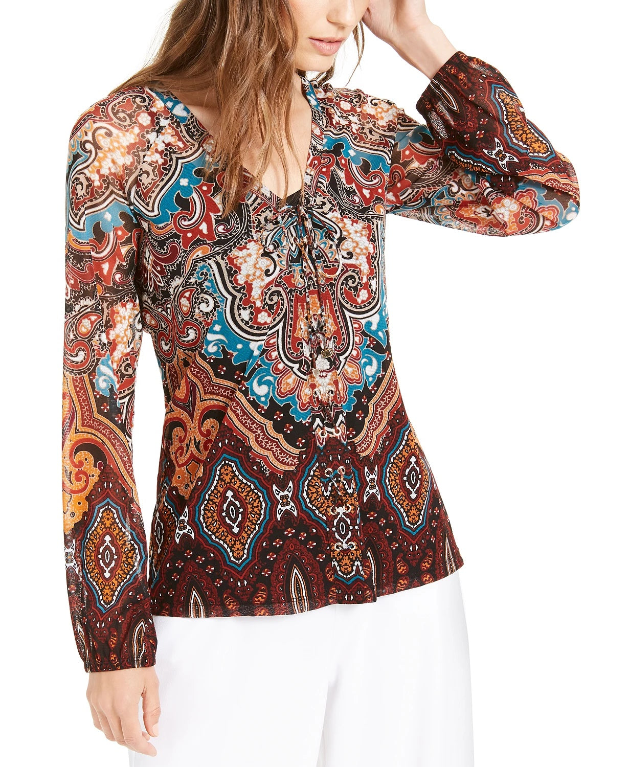 INC International Concepts Top feminino estampado com cadarço, azul, tamanho X-S
