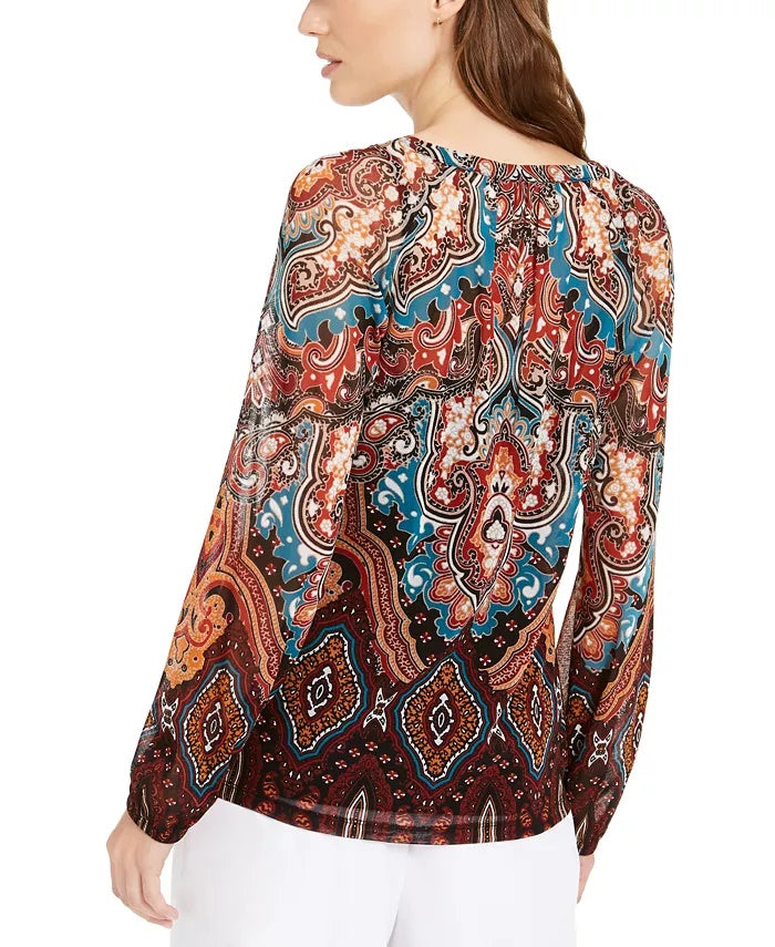INC International Concepts Top feminino estampado com cadarço, azul, tamanho X-S