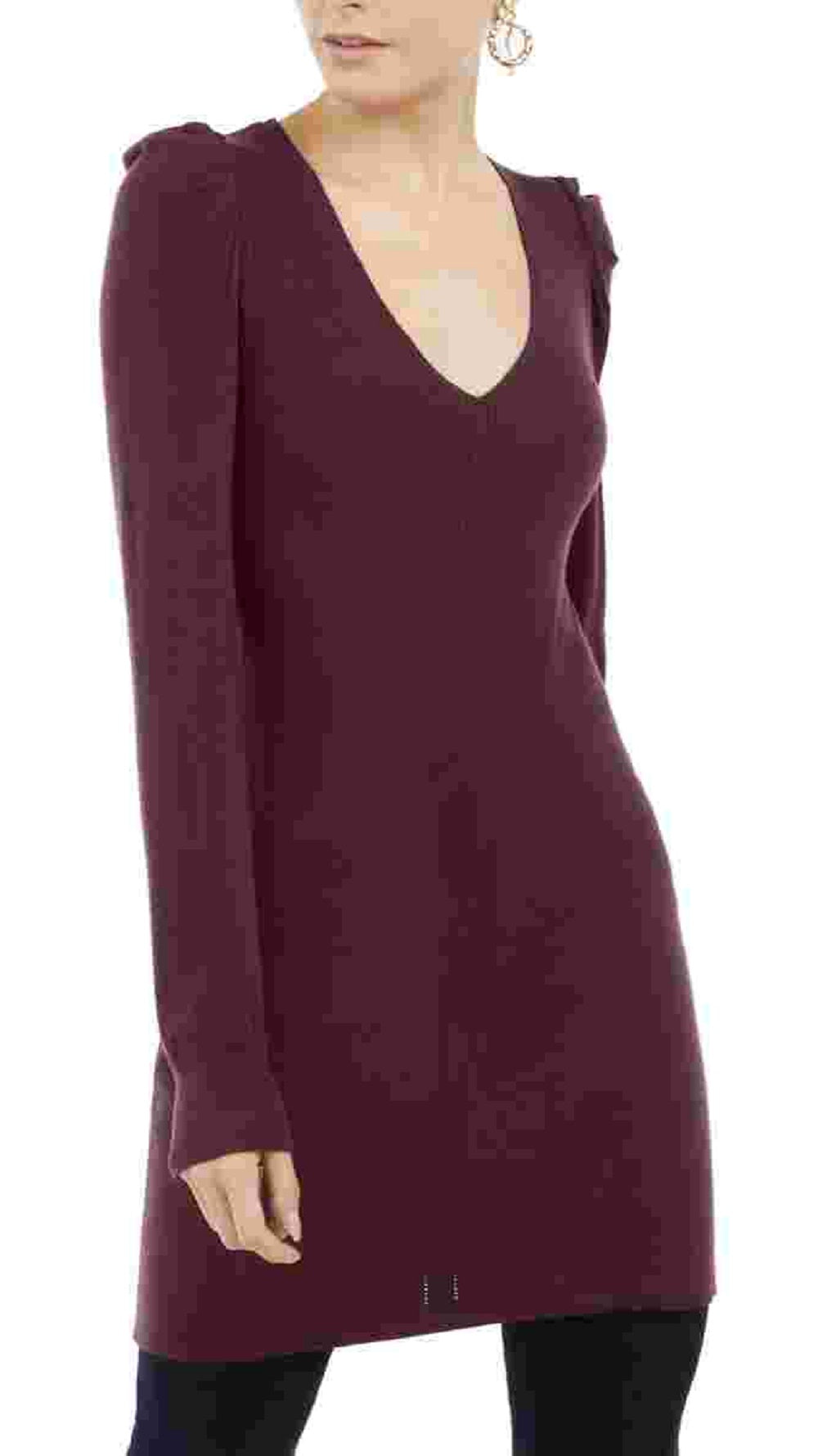 Suéter túnica feminino com decote em V e cor vinho da INC International Concepts, tamanho pequeno, vermelho