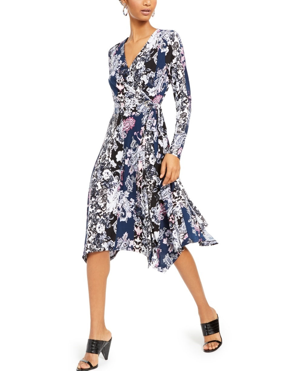 Vestido envelope estampado feminino INC International Concepts, preto, tamanho pequeno