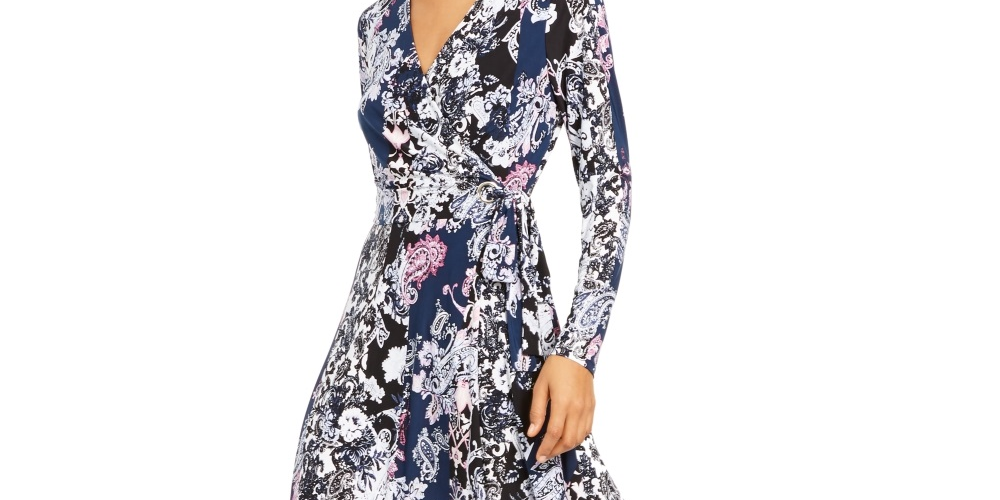 Vestido envelope estampado feminino INC International Concepts, preto, tamanho pequeno