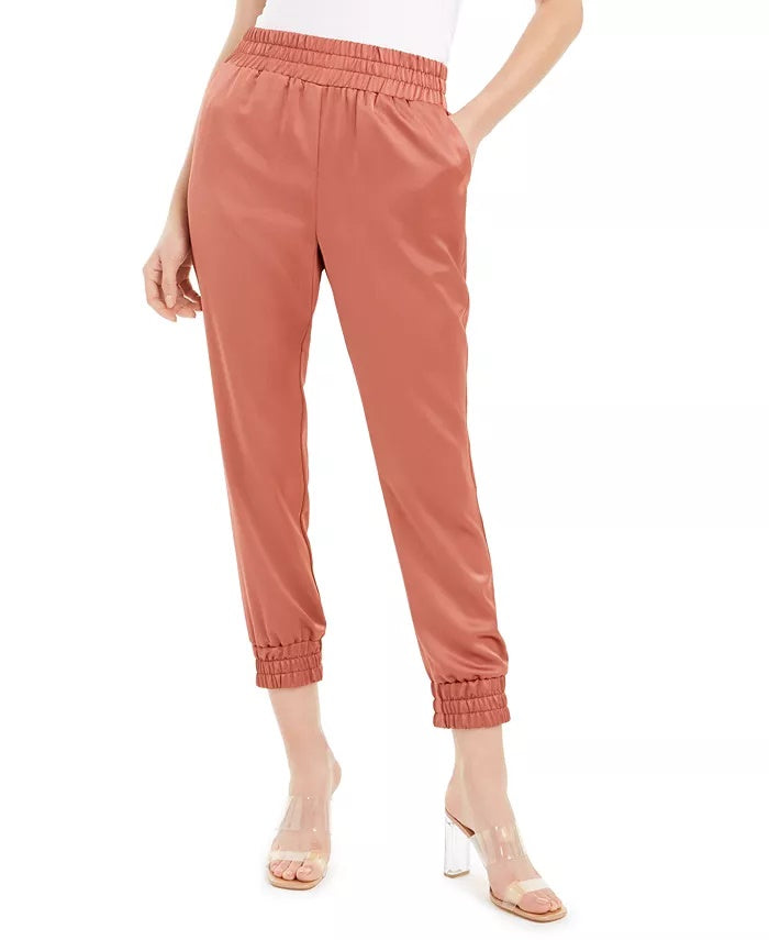 Calça jogger feminina Bar III de cetim marrom, tamanho médio