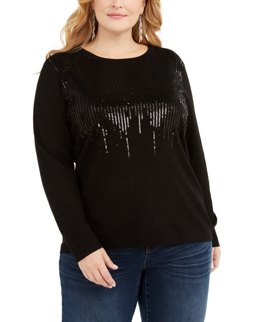 Suéter feminino com gola redonda e lantejoulas da INC International Concepts, preto, tamanho 4X