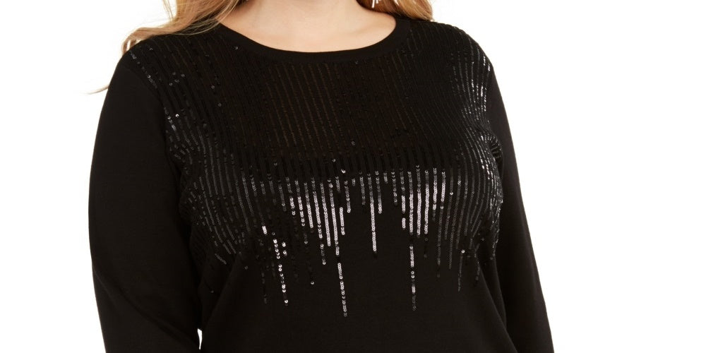 Suéter feminino com gola redonda e lantejoulas da INC International Concepts, preto, tamanho 4X